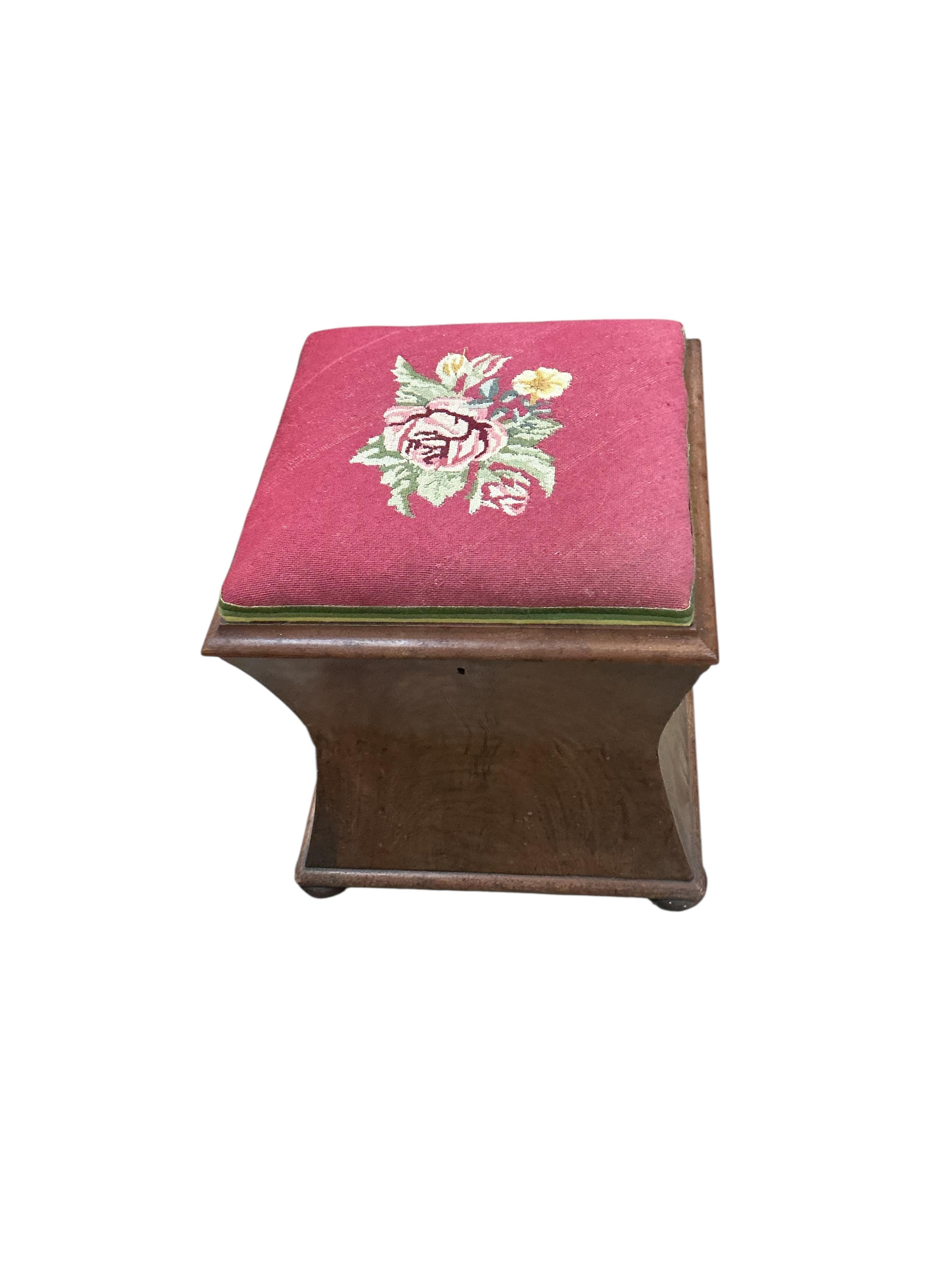 A Victorian mahogany stool / work box with floral tapestry seat and Tunbridge ware lidded interior, width 39cm, height 44cm